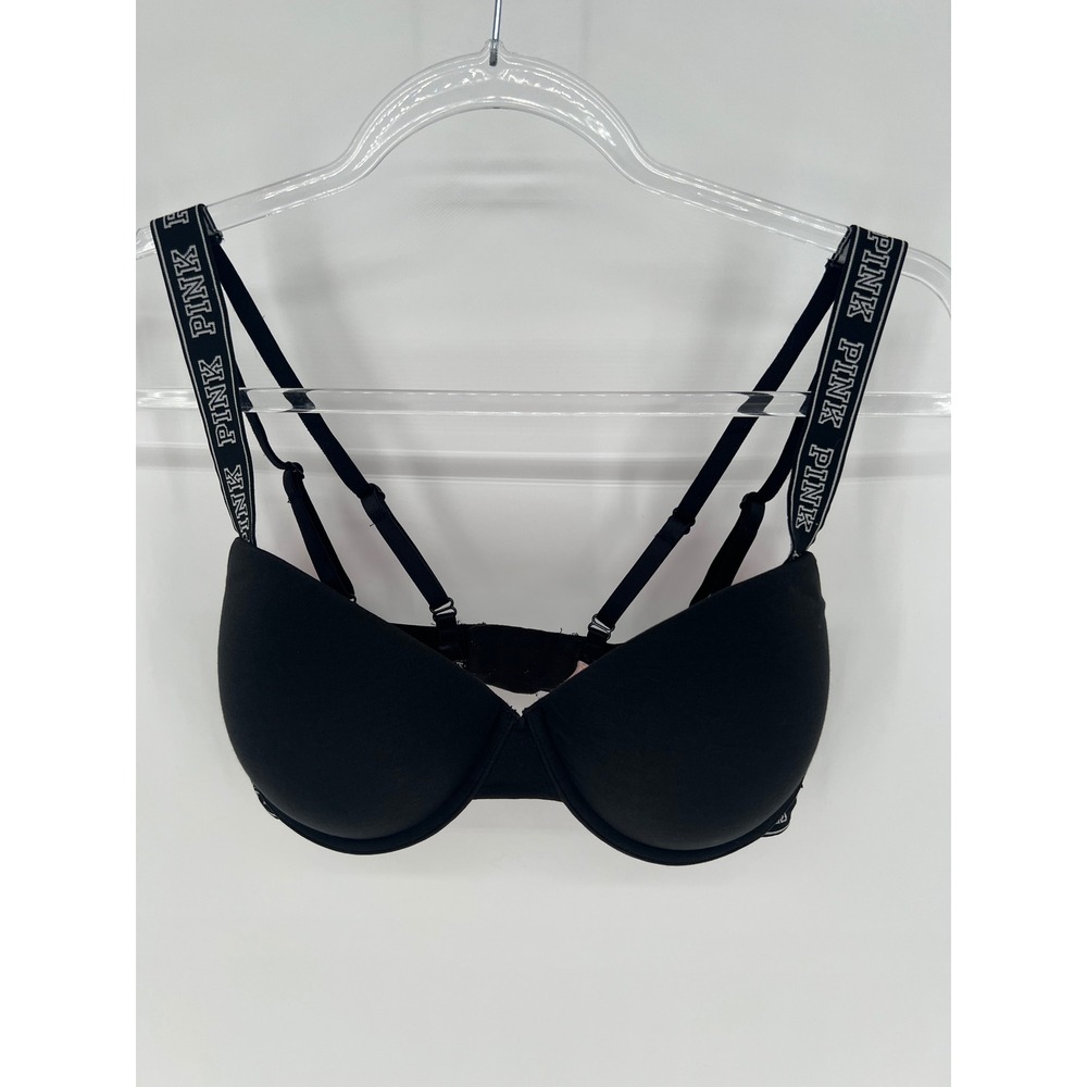 PINK Balconette Push Up Bra Women 34DD Black Logo Straps Underwire Comfort
